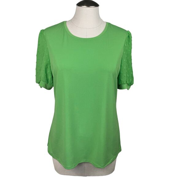 Carmen Womens Blouse Large Green Sheer Puff Sleeve Mixed Media Stretch Knit Top - Picture 1 of 10